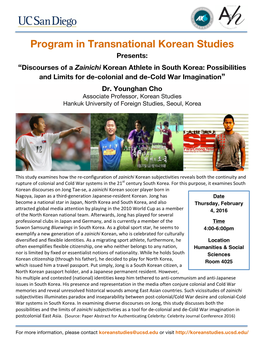 Discourses of a Zainichi Korean Athlete in South Korea: Possibilities and Limits for De-Colonial and De-Cold War Imagination”