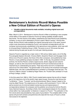 Bertelsmann's Archivio Ricordi Makes Possible a New Critical Edition Of