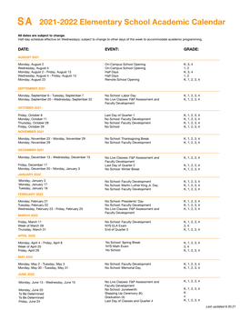 2021-2022 Elementary School Academic Calendar