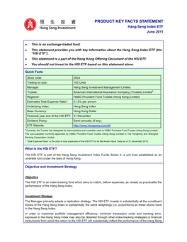 PRODUCT KEY FACTS STATEMENT Hang Seng Index ETF June 2011