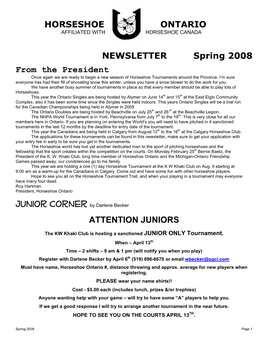 NEWSLETTER Spring 2008 from the President ATTENTION JUNIORS