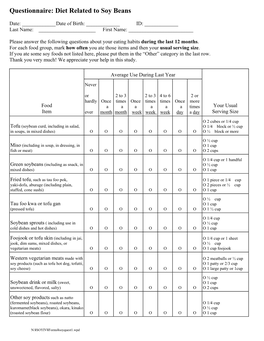 Questionnaire: Diet Related to Soy Beans