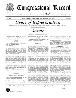 Congressional Record United States Th of America PROCEEDINGS and DEBATES of the 108 CONGRESS, FIRST SESSION