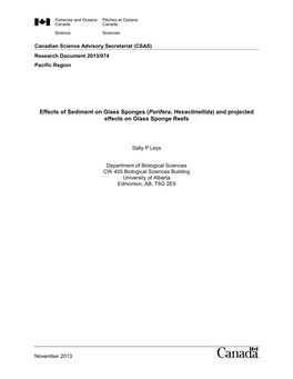 Effects of Sediment on Glass Sponges (Porifera, Hexactinellida) and Projected Effects on Glass Sponge Reefs