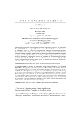 Die Hanse Als Instrumentalisierter Erinnerungsort in Touristischen Flugschriften Aus Der Freien Stadt Danzig (1920–1939)