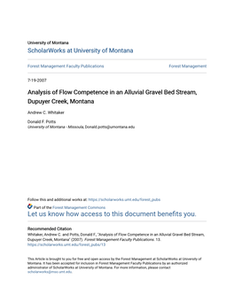 Analysis of Flow Competence in an Alluvial Gravel Bed Stream, Dupuyer Creek, Montana