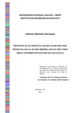 Dna Barcode ) Dos Peixes Da Bacia Do Rio Ribeira De Iguape E Dos Rios Costeiros Do Estado De São Paulo