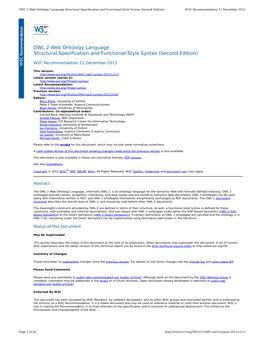 OWL 2 Web Ontology Language Structural Specification and Functional-Style Syntax (Second Edition) W3C Recommendation 11 December 2012