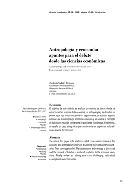 Antropología Y Economía: Apuntes Para El Debate Desde Las Ciencias Económicas Anthropology and Economics: Discussion Notes from Economic Sciences Perspective