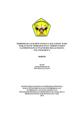 Modifikasi Lauk Hewani Dan Lauk Nabati Pada Makan Siang Terhadap Daya Terima Pasien Gastritis Rawat Inap Di Rsu Kelas D Kota Palangkaraya