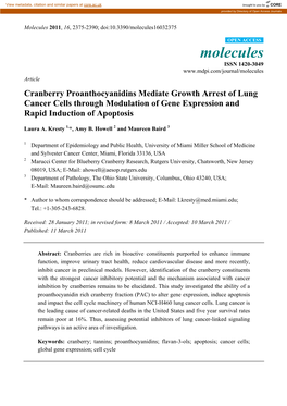 Cranberry Proanthocyanidins Mediate Growth Arrest of Lung Cancer Cells Through Modulation of Gene Expression and Rapid Induction of Apoptosis