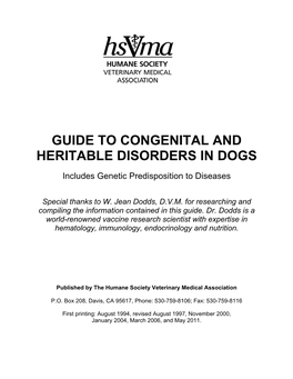 HSVMA Guide to Congenital and Heritable Disorders in Dogs