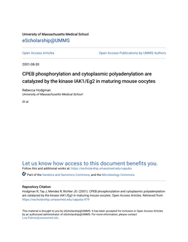 CPEB Phosphorylation and Cytoplasmic Polyadenylation Are Catalyzed by the Kinase IAK1/Eg2 in Maturing Mouse Oocytes