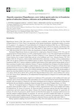 Magnolia Vargasiana (Magnoliaceae), a New Andean Species and a Key to Ecuadorian Species of Subsection Talauma, with Notes on Its Pollination Biology