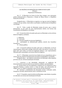 LEI ORGÂNICA DO MUNICÍPIO DE CARMO DO RIO CLARO TÍTULO I Disposições Preliminares