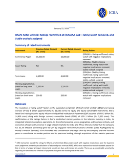 Bharti Airtel Limited: Ratings Reaffirmed at [ICRA]AA-/A1+; Rating Watch Removed, and Stable Outlook Assigned