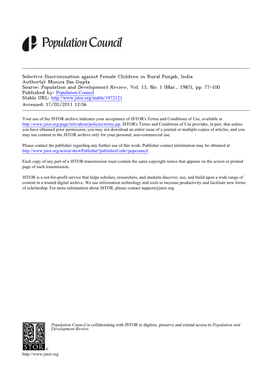 Selective Discrimination Against Female Children in Rural Punjab, India Author(S): Monica Das Gupta Source: Population and Development Review, Vol