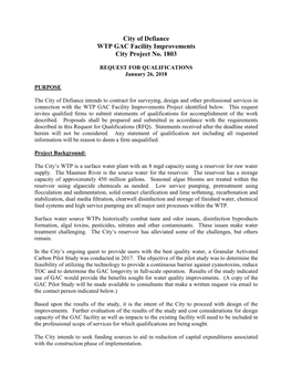 City of Defiance WTP GAC Facility Improvements City Project No. 1803