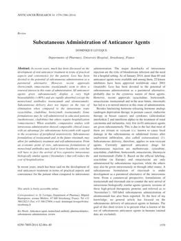 Subcutaneous Administration of Anticancer Agents