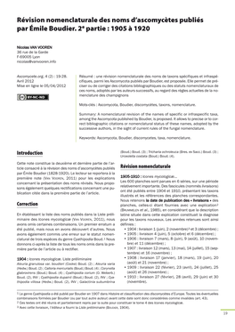 Résumé : Une Révision Nomenclaturale Des Noms De Taxons Spécifiques Et Infraspé- Avril 2012 Cifiques, Parmi Les Ascomycota Publiés Par Boudier, Est Proposée