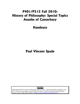 Special Topics Anselm of Canterbury Handouts Paul Vincent Spade