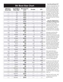 Ski Boot Size Chart a Ski Boot Should Hold the Foot Firmly but Comfortably