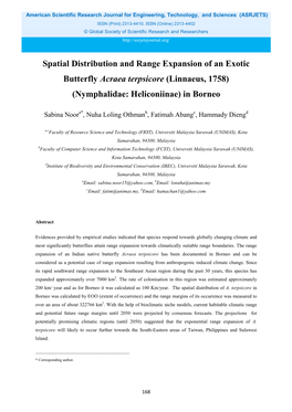 Spatial Distribution and Range Expansion of an Exotic Butterfly Acraea Terpsicore (Linnaeus, 1758) (Nymphalidae: Heliconiinae) in Borneo