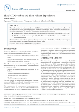 The NATO Members and Their Military Expenditures Herman Matthijs* Department of Public Administration & Management, Free University of Brussels (VUB), Belgium