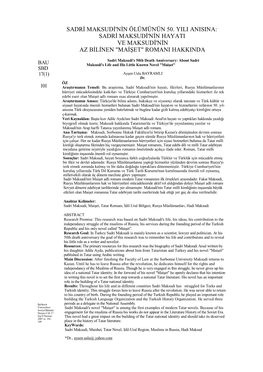 Sadri Maksudi'nin Ölümünün 50. Yili Anisina: Sadri Maksudi'nin Hayati Ve Maksudi'nin Az Bilinen "Maişet" Romani Hakkinda