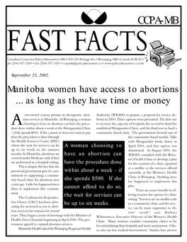 CCPA-MB FAST FACTS Canadian Centre for Policy Alternatives-Mb • 309-323 Portage Ave