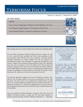 TERRORISM FOCUS Volume V G Issue 41 G December 3, 2008 in THIS ISSUE