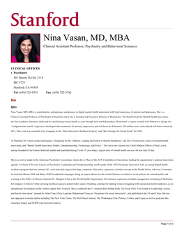 Nina Vasan, MD, MBA Clinical Assistant Professor, Psychiatry and Behavioral Sciences