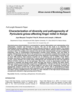 Characterization of Diversity and Pathogenecity of Pyricularia Grisea Affecting Finger Millet in Kenya