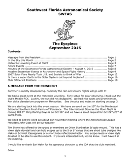 Southwest Florida Astronomical Society SWFAS the Eyepiece September 2016