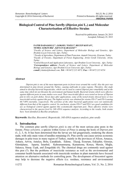 Biological Control of Pine Sawfly (Diprion Pini L.) and Molecular Characterisation of Effective Strains