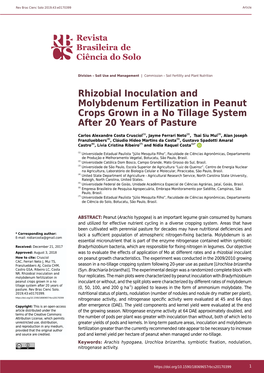 Rhizobial Inoculation and Molybdenum Fertilization in Peanut Crops Grown in a No Tillage System After 20 Years of Pasture