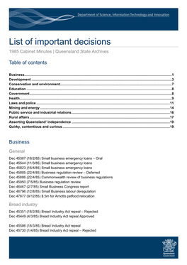 List of Important Decisions from 1985 Cabinet Minutes