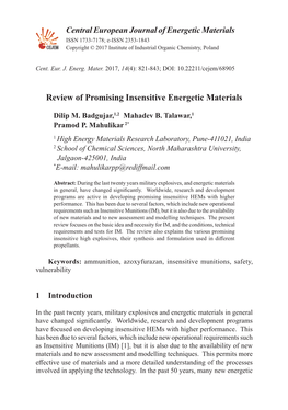 Review of Promising Insensitive Energetic Materials