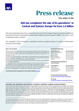 AXA Has Completed the Sale of Its Operations in Central and Eastern