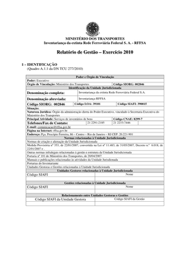 Relatório De Gestão – Exercício 2010