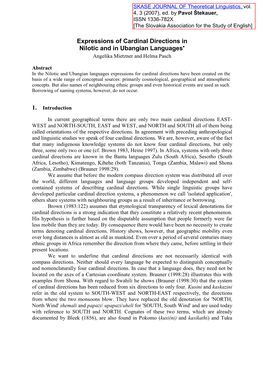 Expressions of Cardinal Directions in Nilotic and in Ubangian Languages∗ Angelika Mietzner and Helma Pasch