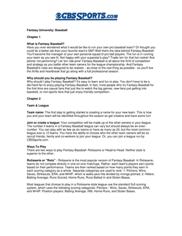 Fantasy University: Baseball Chapter 1 What Is Fantasy Baseball? Have You Ever Wondered What It Would Be Like to Run Your