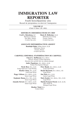 IMMIGRATION LAW REPORTER Fourth Series/Quatri`Eme S´Erie Recueil De Jurisprudence En Droit De L’Immigration VOLUME 15 (Cited 15 Imm