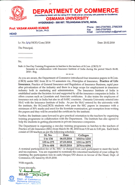 DEPARTMENT of COMMERGE (Accredited by NAAC with the Rating of A+ Grade and an Universlty Wlth Potential for Ercellence) OSMANIA UNIVERSITY HYDERABAD .5OO OO7