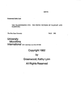 University Microfilms Copyright 1982 by Greenwood, Kathy Lynn All