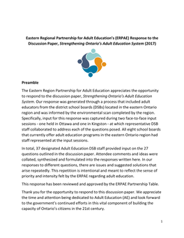 Eastern Regional Partnership for Adult Education's (ERPAE) Response To