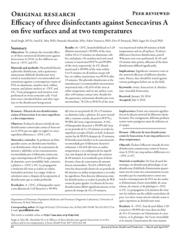 Efficacy of Three Disinfectants Against Senecavirus a on Five Surfaces and at Two Temperatures