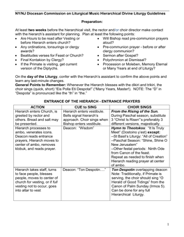 NY/NJ Diocesan Commission on Liturgical Music Hierarchical Divine Liturgy Guidelines 1 Preparation: at Least Two Weeks Before Th