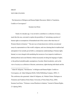 DRAFT NOT for CITATION the Interaction of Religion and Human Rights Discourses: Babel Or Translation, Conflict Or Convergence?