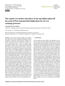 The Organic Sea-Surface Microlayer in the Upwelling Region Off the Coast of Peru and Potential Implications for Air–Sea Exchange Processes